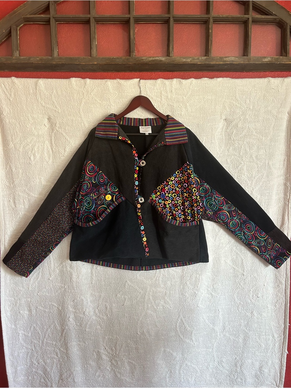Women's Black Patchwork Jean Jacket with Multicolor Accents